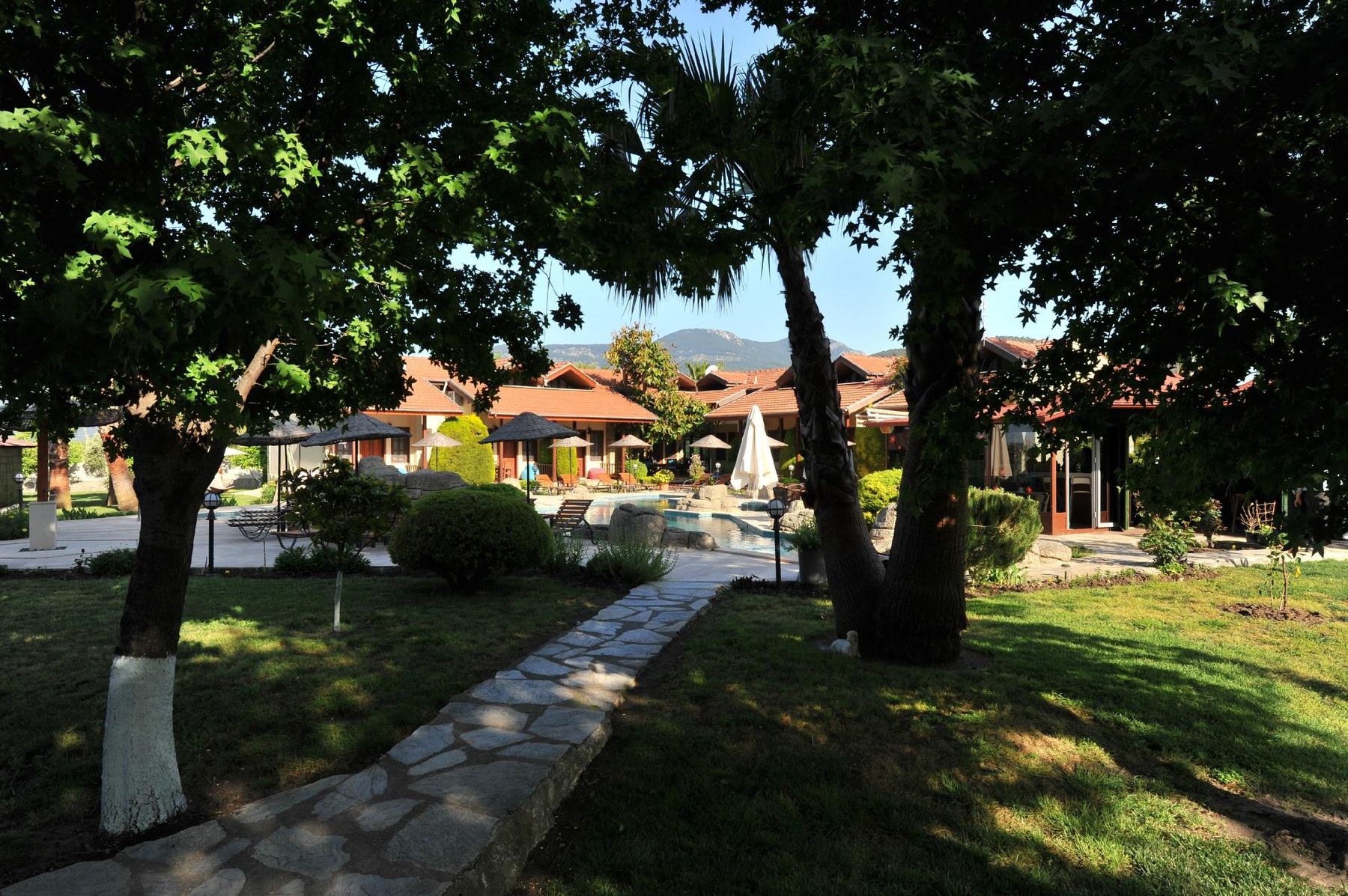 Gartenweg der Lodge, gesäumt von Bäumen