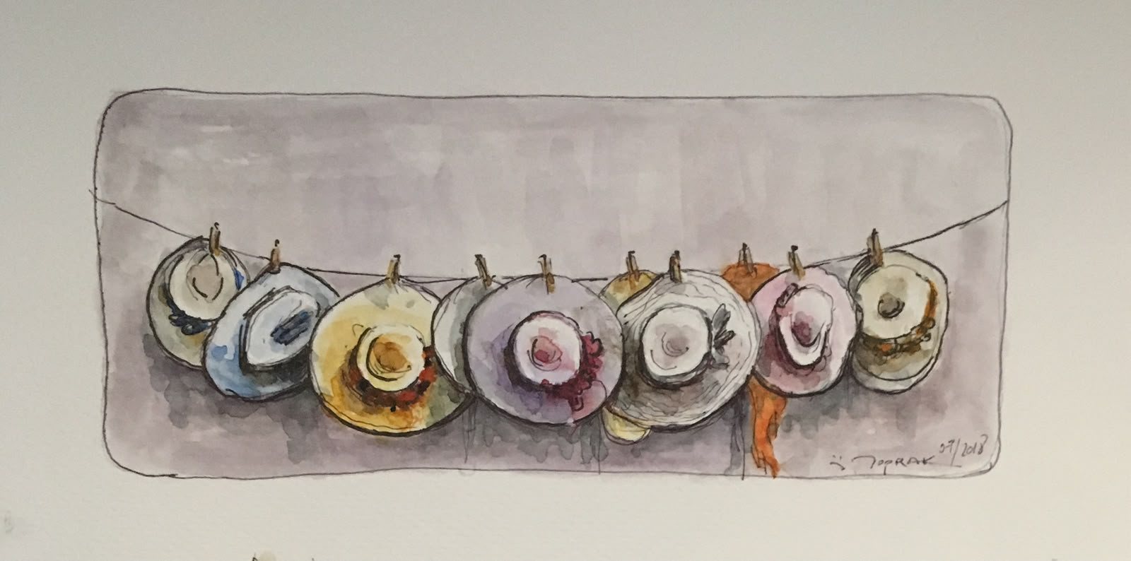 Aquarell mit Sonnenhüten an einer Leine — ein Kunstwerk aus dem Haus